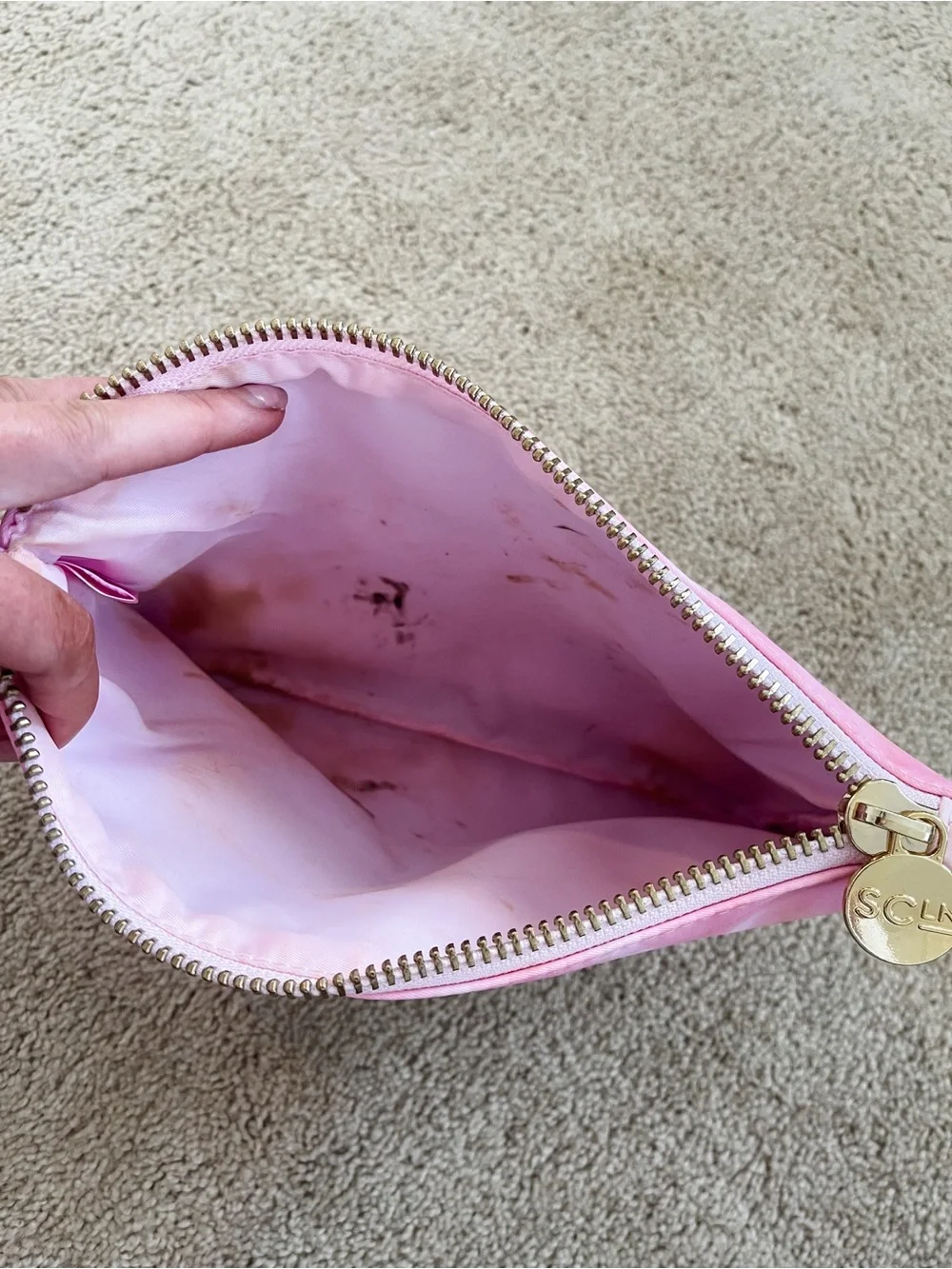 Stoney clover lane x target tie dye flat pouch with “STUFF” patches stuck on